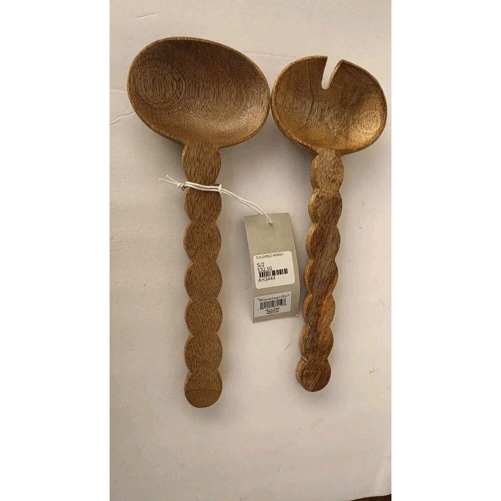 Boho Farmhouse Mango Wood Salad Tongs Server Set Wavy Scalloped Handle 9.75